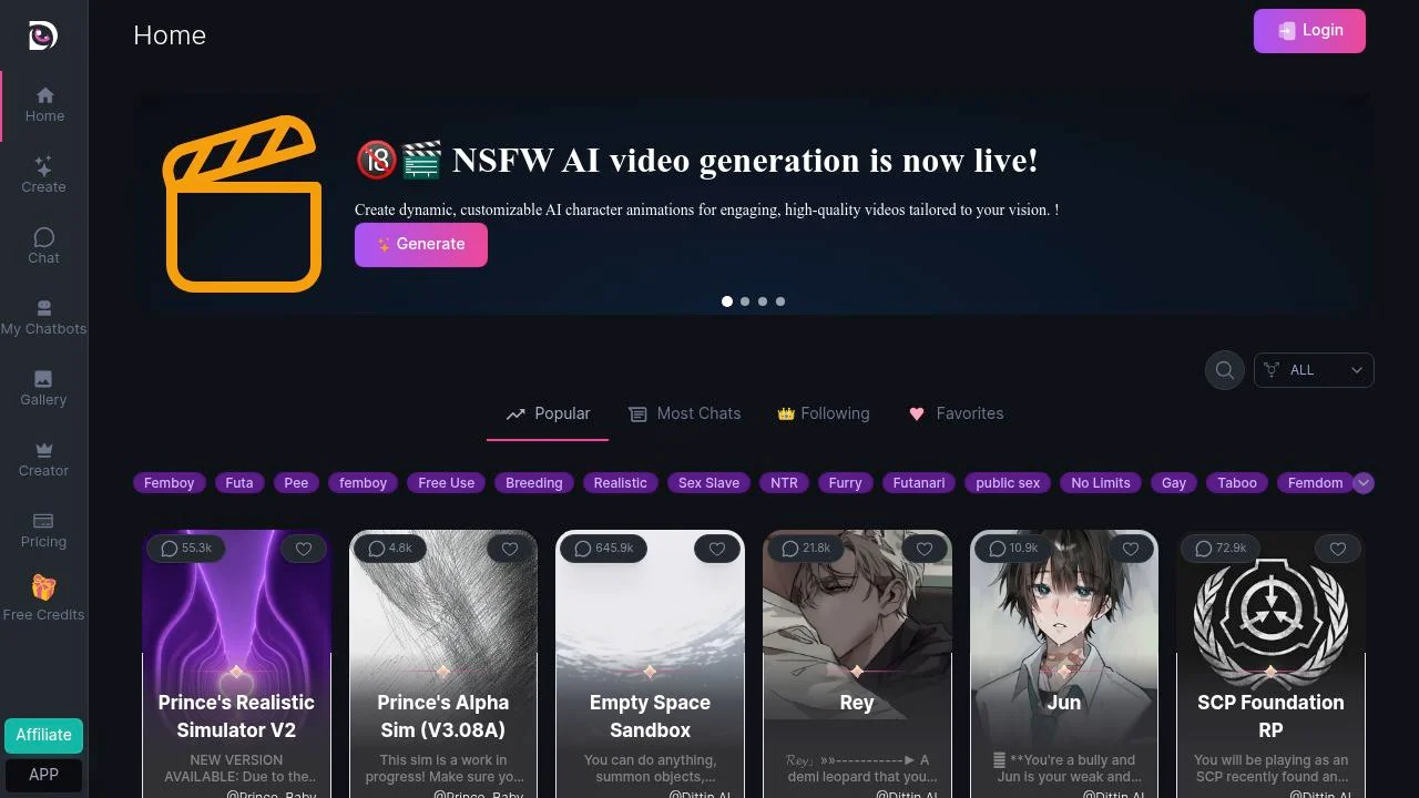 Home | Dittin AI: NSFW AI Chat & Image Generation Platform screenshot
